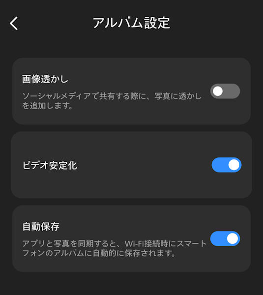 スマートグラス専用アプリの透かしと動画安定化の設定画面